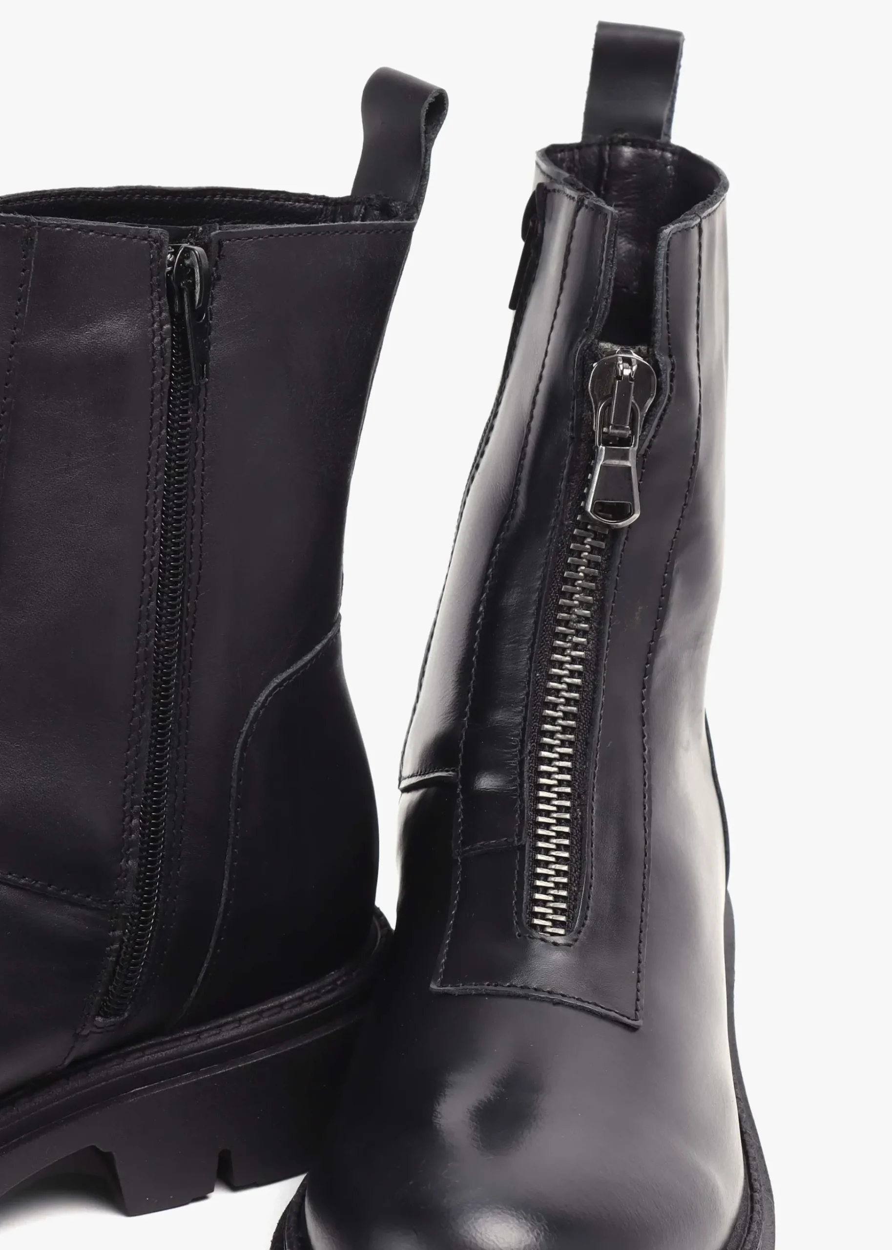 Lippy Black Leather Front Zip Ankle Boots