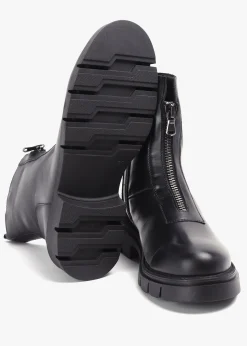 Lippy Black Leather Front Zip Ankle Boots