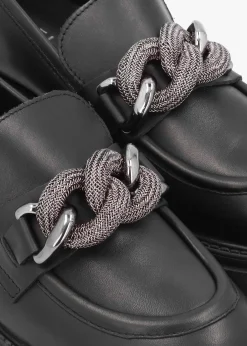 Lisbon Black Leather Link Chain Chunky Loafers