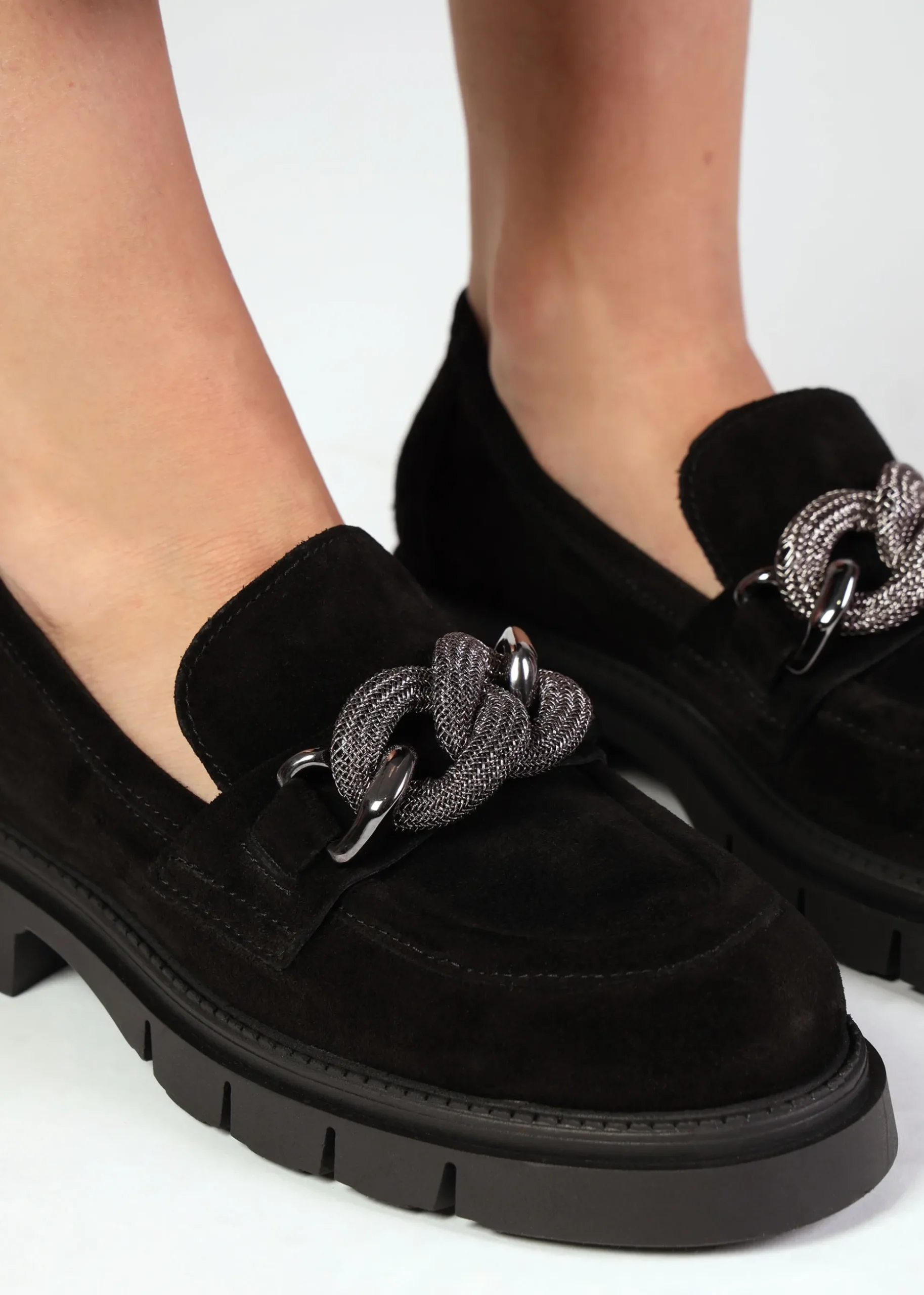 Lisbon Black Suede Link Chain Chunky Loafers