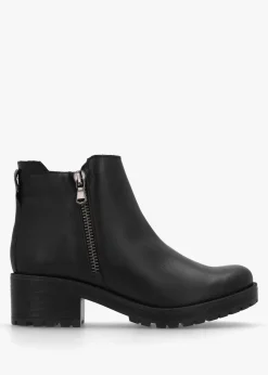 Lockette Black Leather Size Zip Chunky Ankle Boots