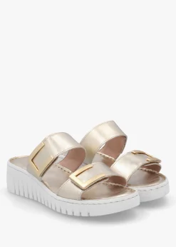 Lorli Gold Leather Two Strap Low Wedge Sandals