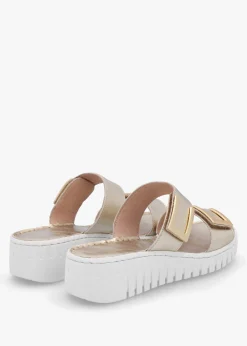 Lorli Gold Leather Two Strap Low Wedge Sandals