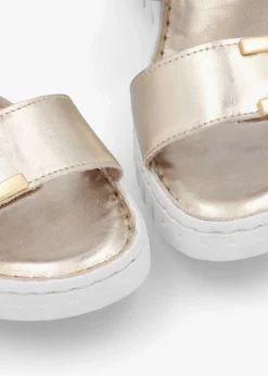 Lorli Gold Leather Two Strap Low Wedge Sandals
