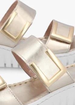 Lorli Gold Leather Two Strap Low Wedge Sandals