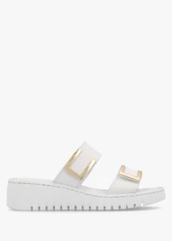 Lorli White Leather Two Strap Low Wedge Sandals