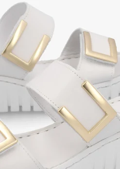 Lorli White Leather Two Strap Low Wedge Sandals