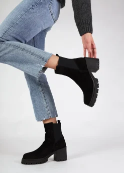 Luxor Black Suede Block Heel Chelsea Boots