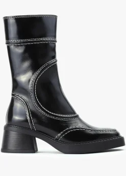 Malene Black Leather Block Heel Calf Boots
