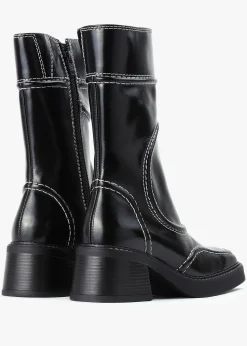 Malene Black Leather Block Heel Calf Boots