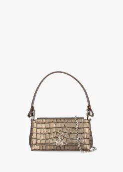 Medium Hazel Brown Embossed Croc Leather Shoulder Bag