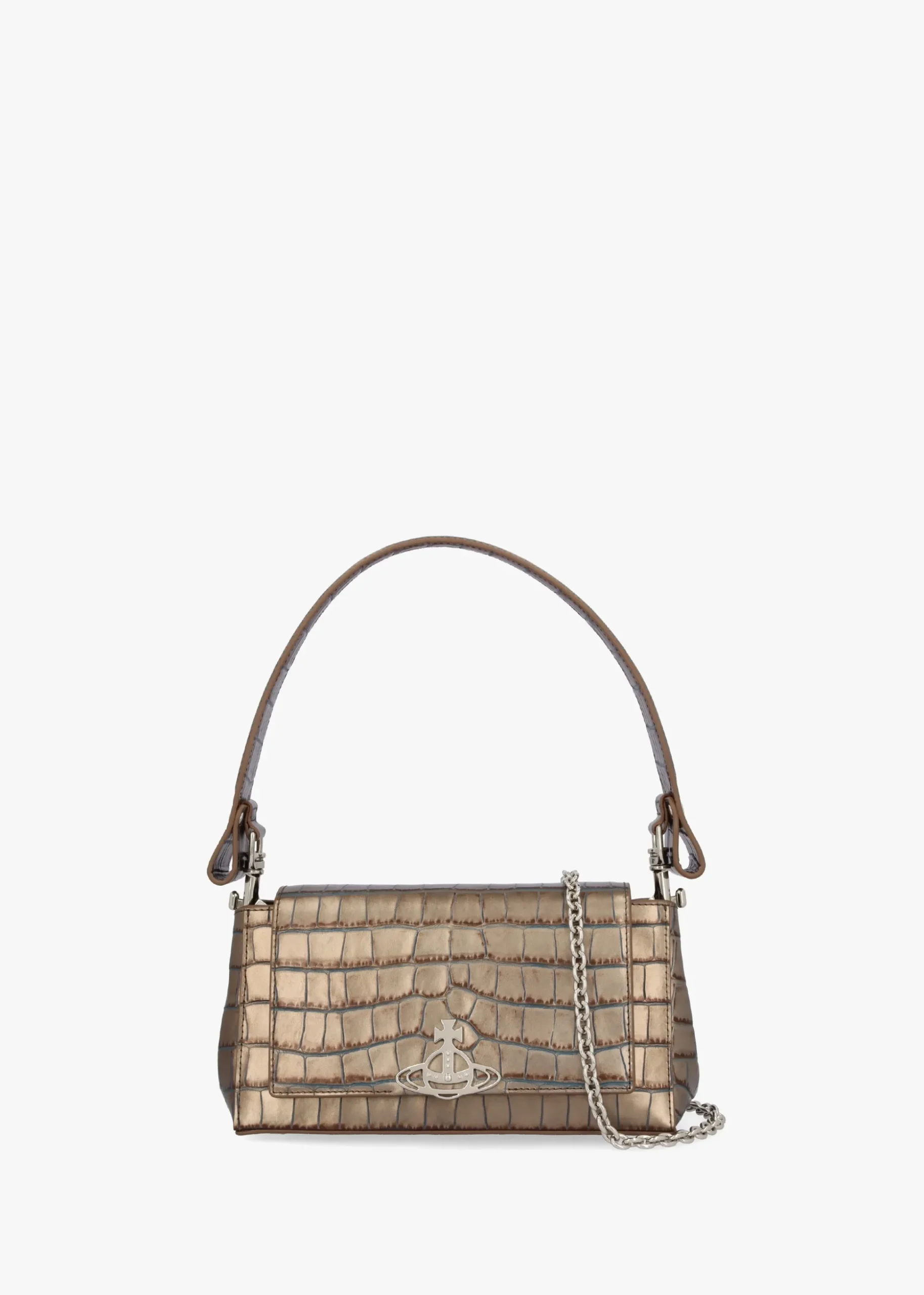 Medium Hazel Brown Embossed Croc Leather Shoulder Bag