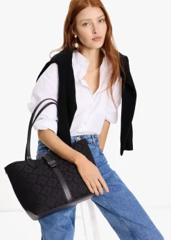 Medium Spade Flower Jacquard Black Open Tote Bag