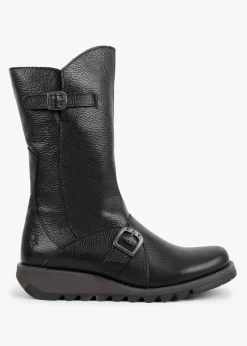Mes Black Pebbled Leather Low Wedge Calf Boots
