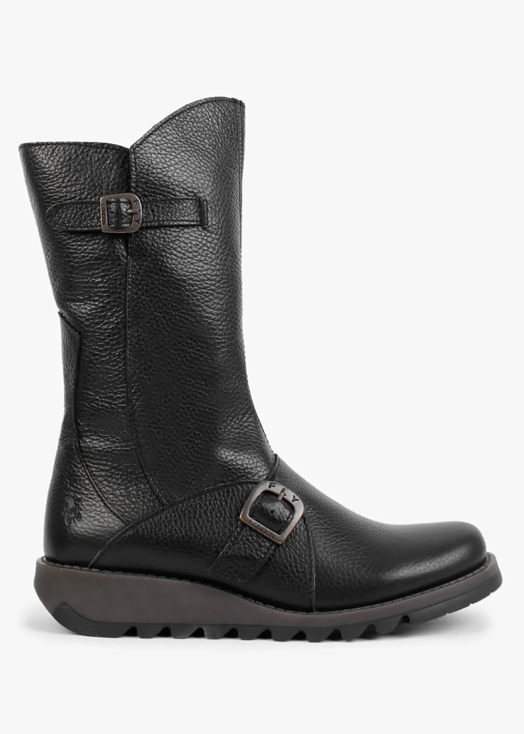 Mes Black Pebbled Leather Low Wedge Calf Boots