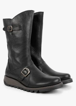 Mes Black Pebbled Leather Low Wedge Calf Boots
