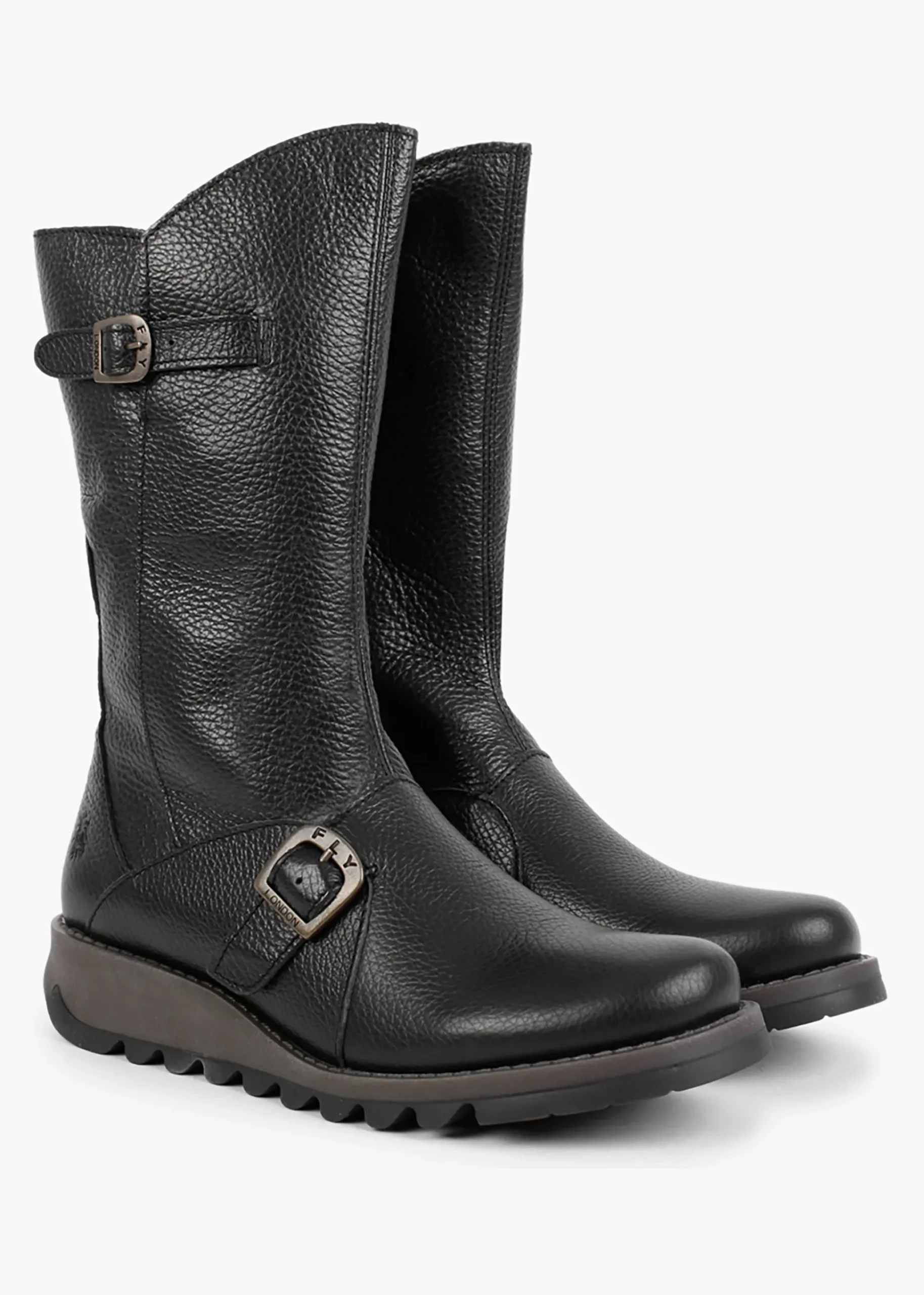 Mes Black Pebbled Leather Low Wedge Calf Boots