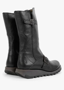 Mes Black Pebbled Leather Low Wedge Calf Boots