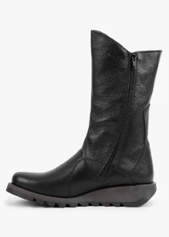 Mes Black Pebbled Leather Low Wedge Calf Boots