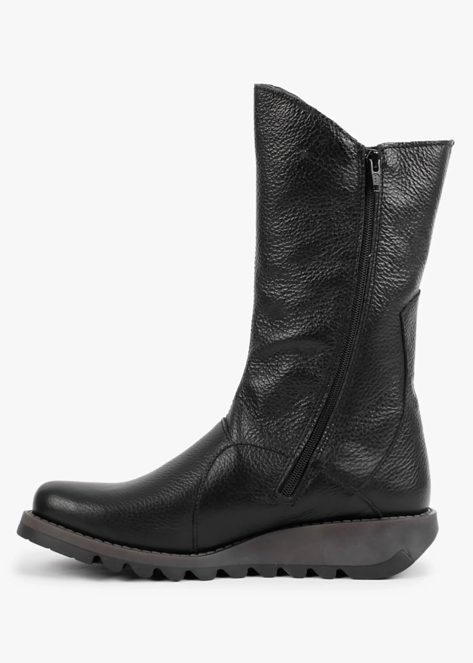 Mes Black Pebbled Leather Low Wedge Calf Boots