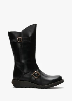 Mes II Black Leather Low Wedge Calf Boots