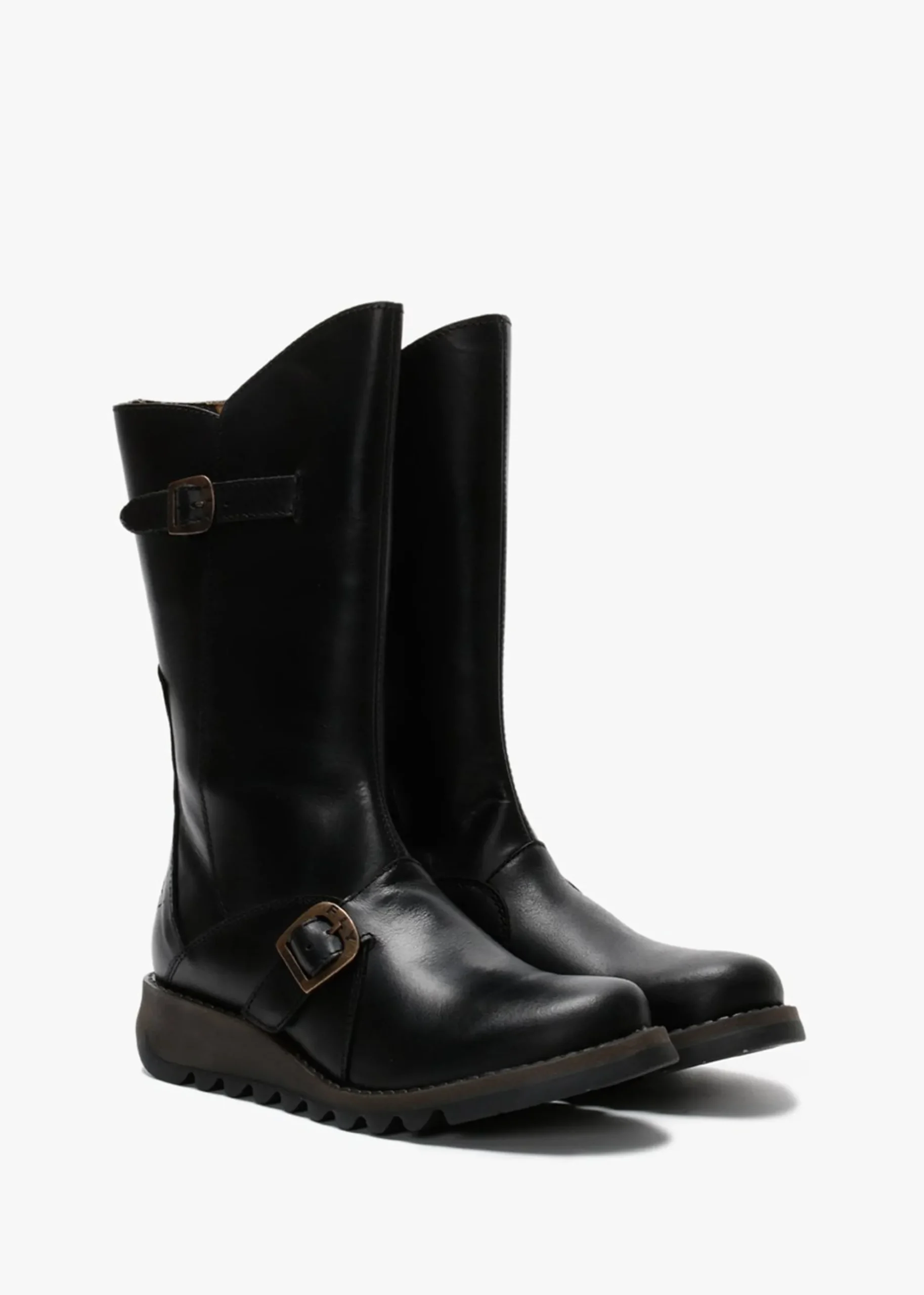 Mes II Black Leather Low Wedge Calf Boots