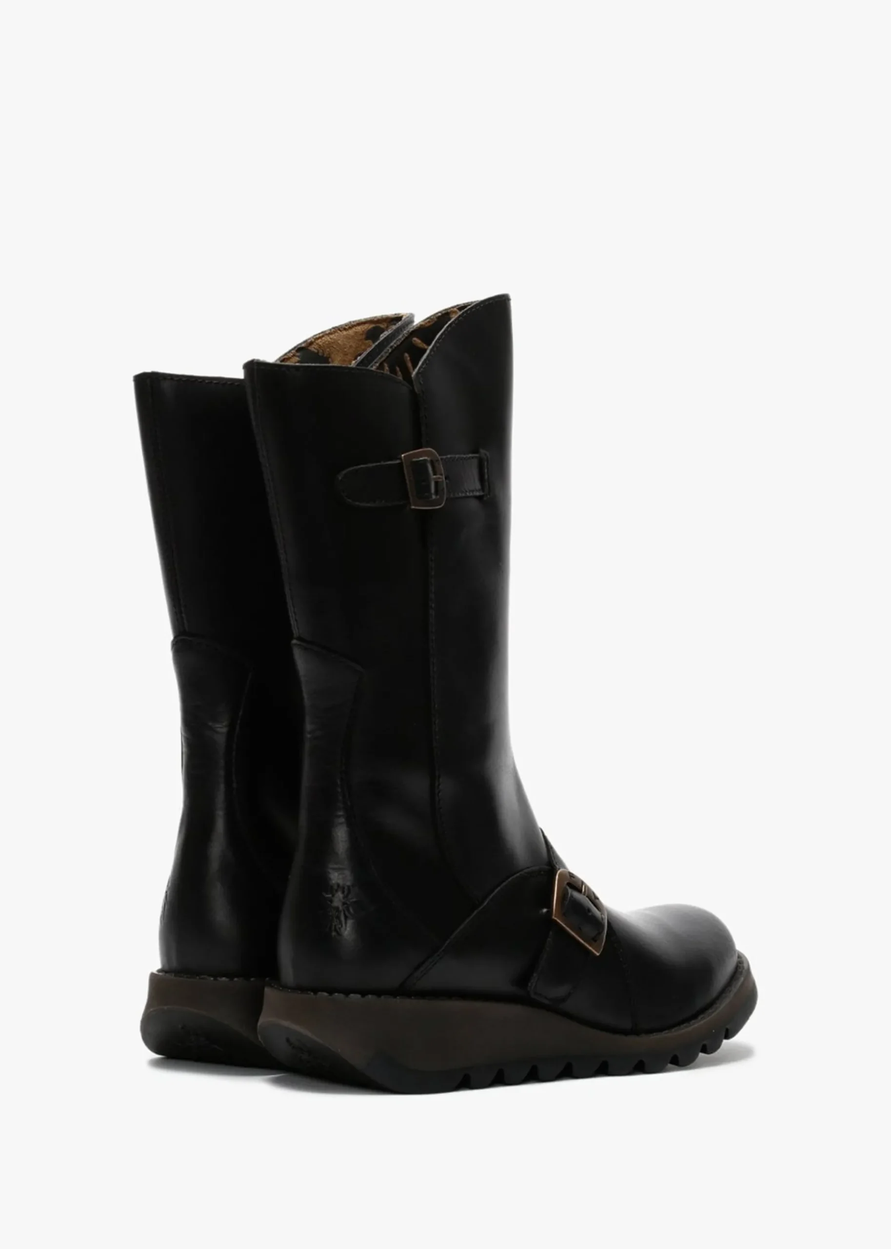 Mes II Black Leather Low Wedge Calf Boots