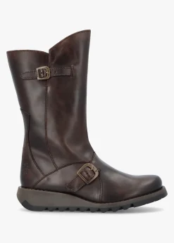 Mes II Dark Brown Leather Low Wedge Calf Boots