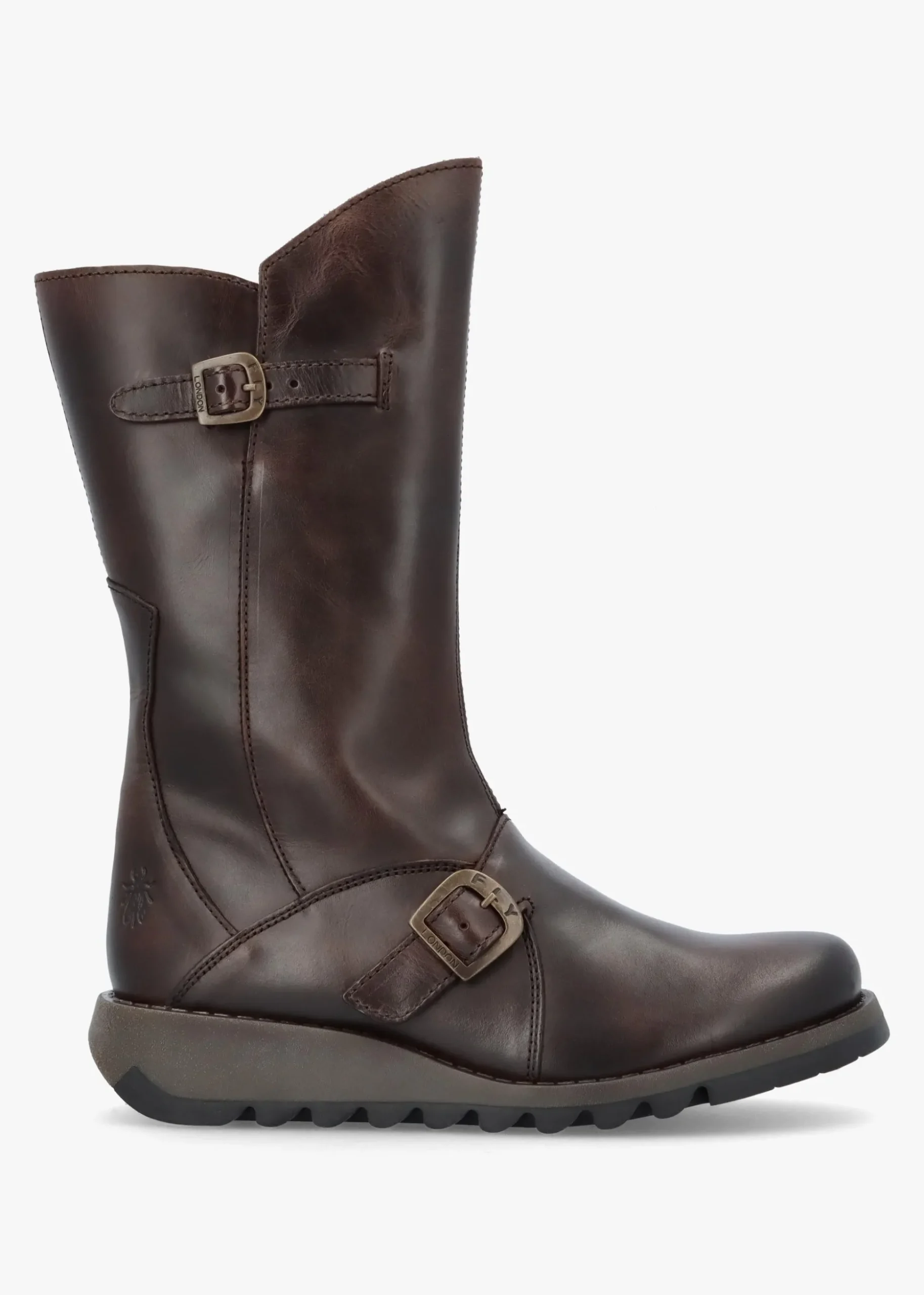 Mes II Dark Brown Leather Low Wedge Calf Boots