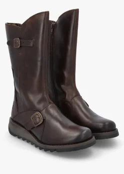 Mes II Dark Brown Leather Low Wedge Calf Boots