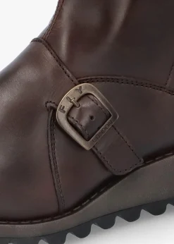 Mes II Dark Brown Leather Low Wedge Calf Boots