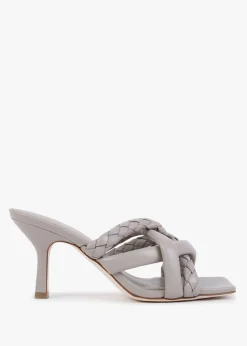 Mina Bis Pearl Grey Leather Woven Heeled Mules