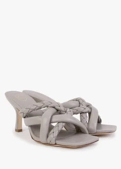 Mina Bis Pearl Grey Leather Woven Heeled Mules