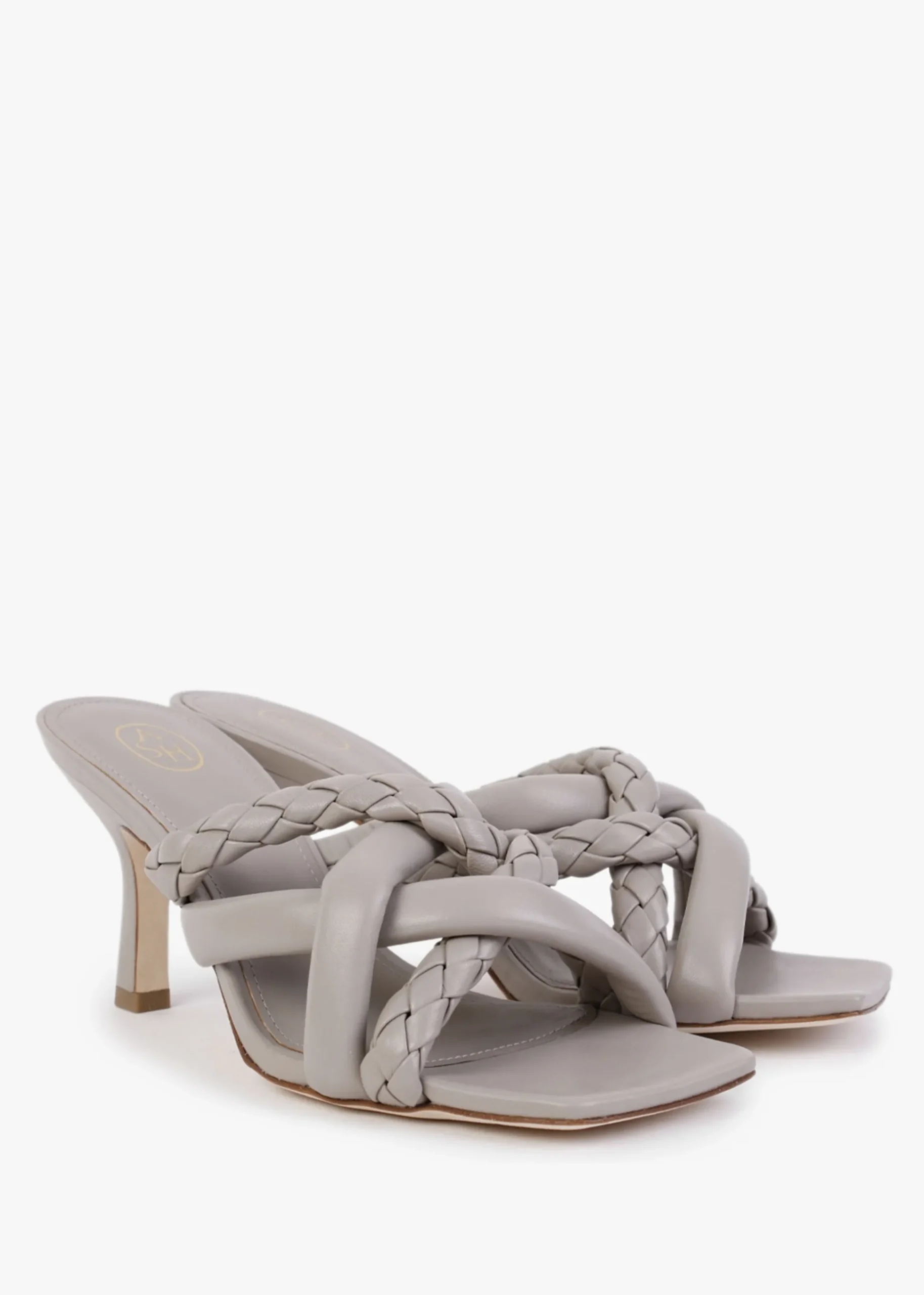 Mina Bis Pearl Grey Leather Woven Heeled Mules