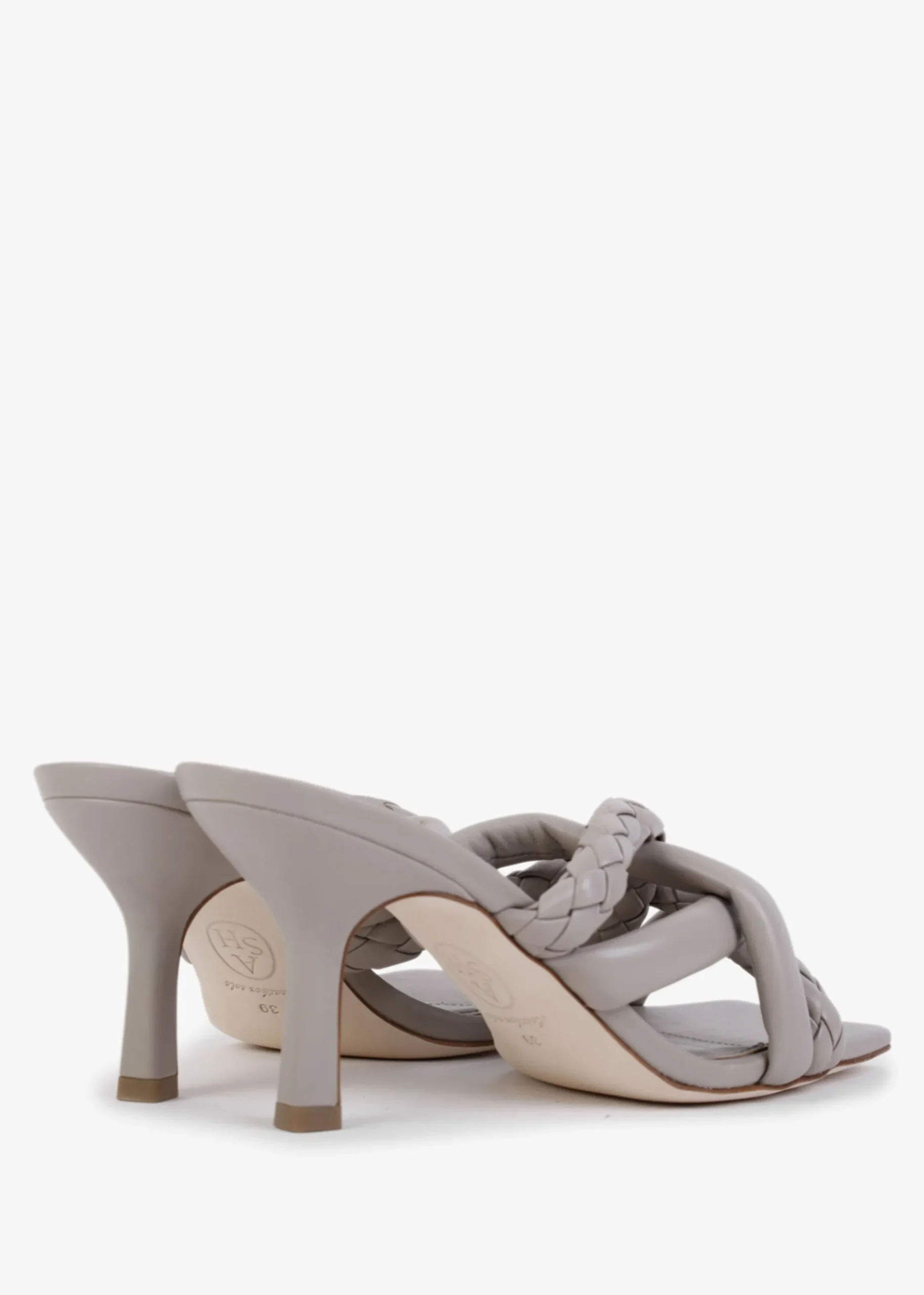 Mina Bis Pearl Grey Leather Woven Heeled Mules