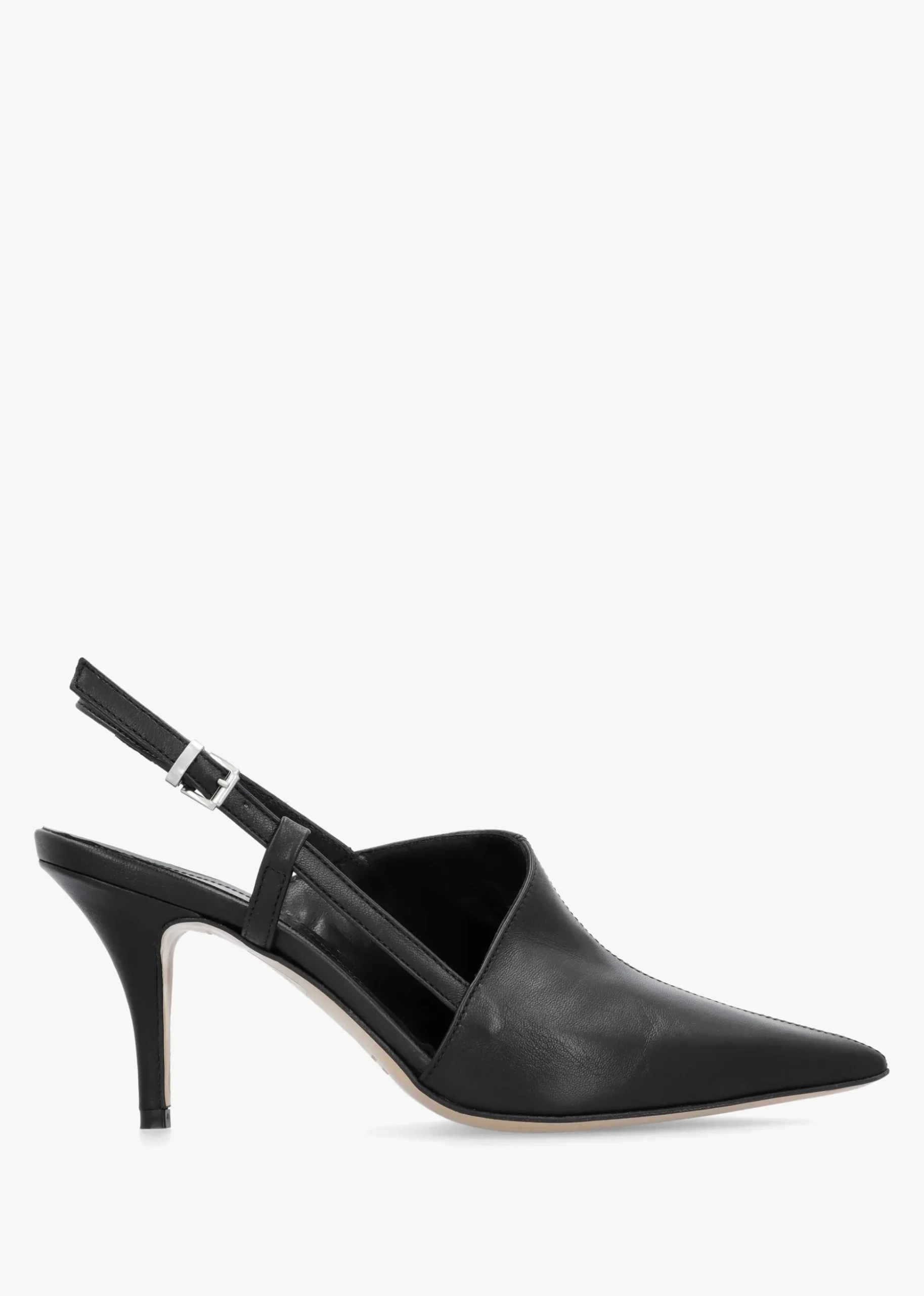 Nammy Black Leather Asymmetric Sling Back Court Shoes
