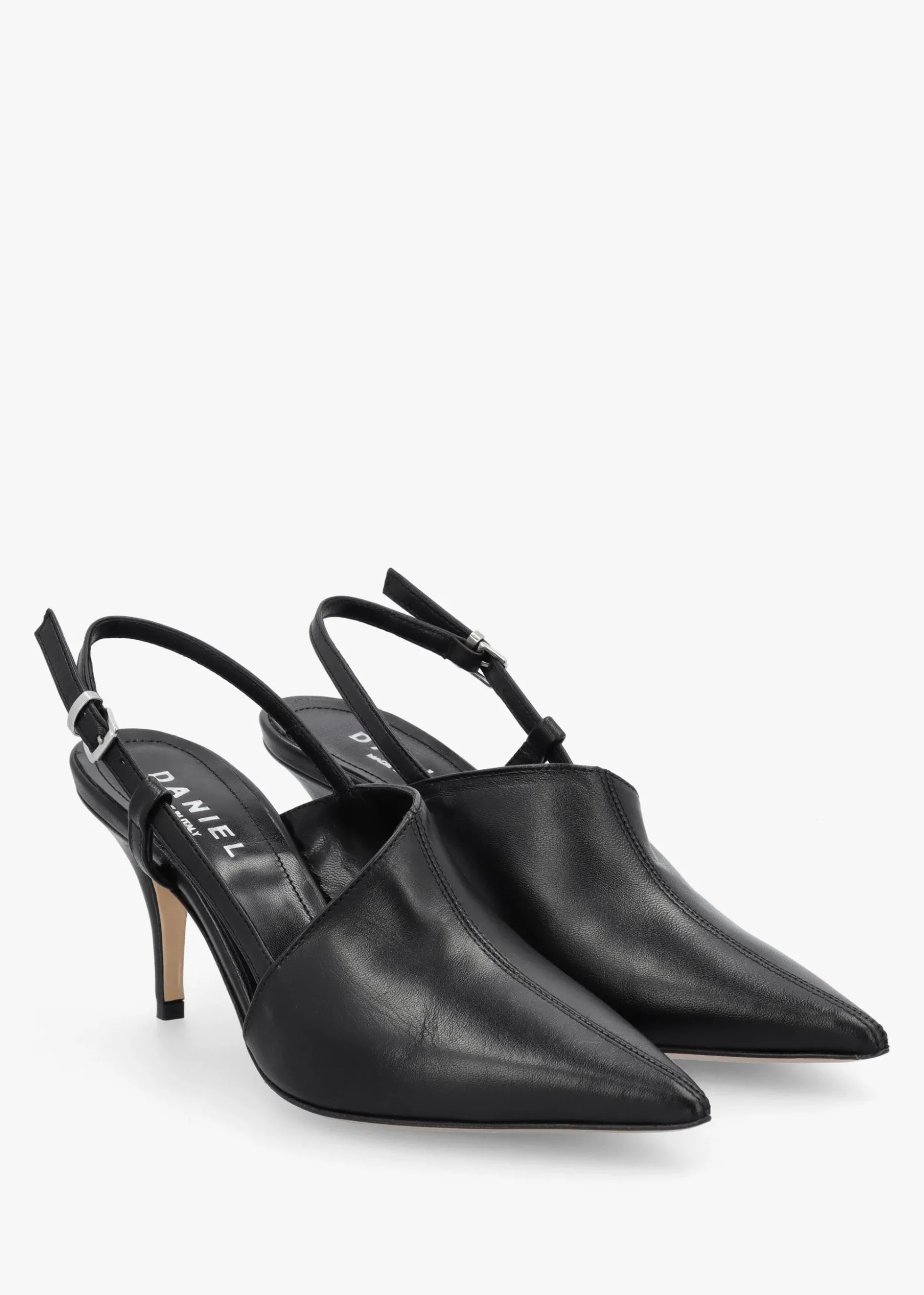 Nammy Black Leather Asymmetric Sling Back Court Shoes