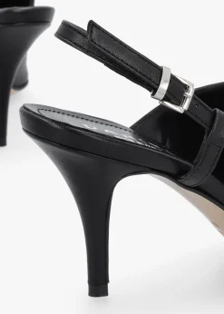 Nammy Black Leather Asymmetric Sling Back Court Shoes