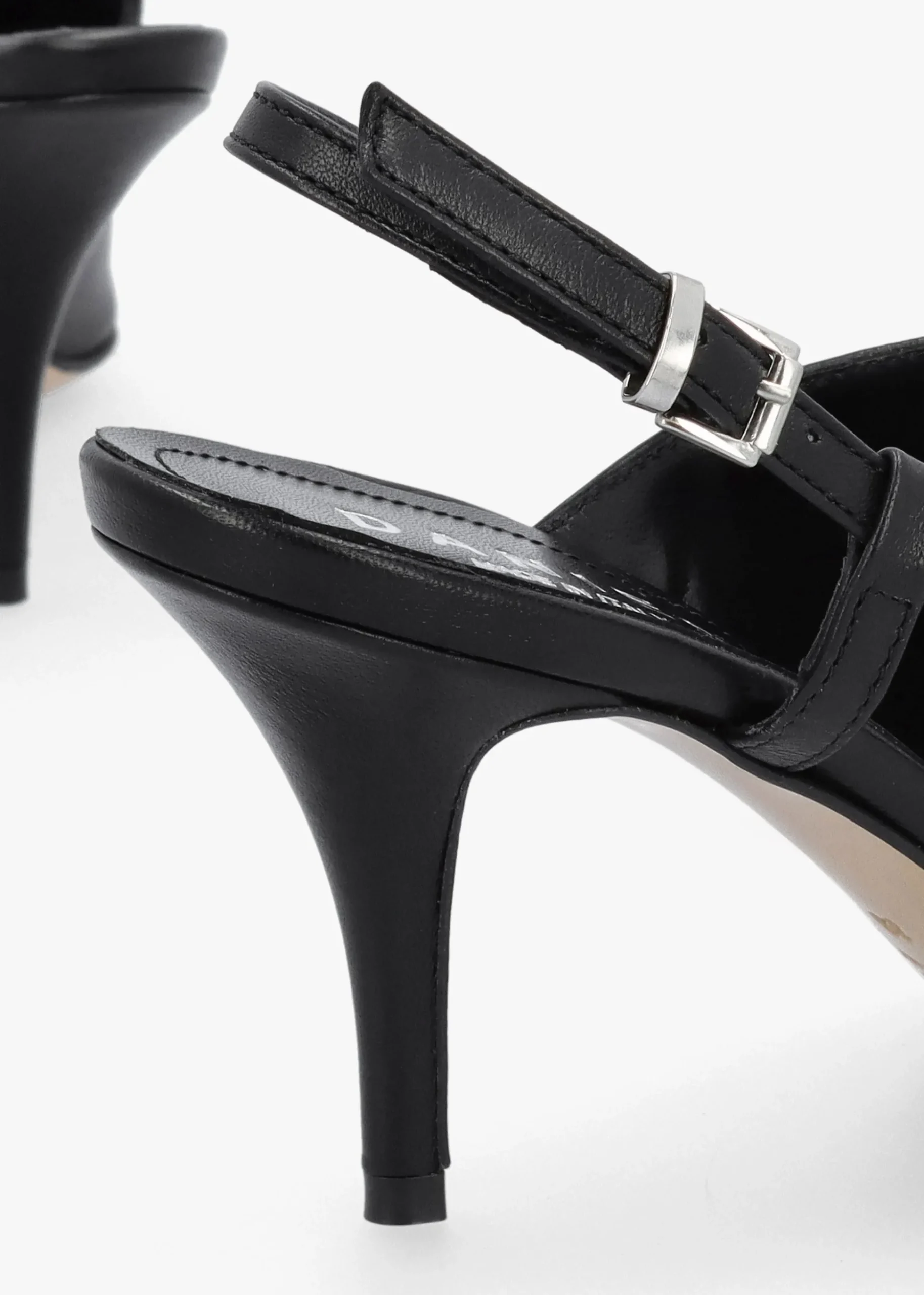Nammy Black Leather Asymmetric Sling Back Court Shoes