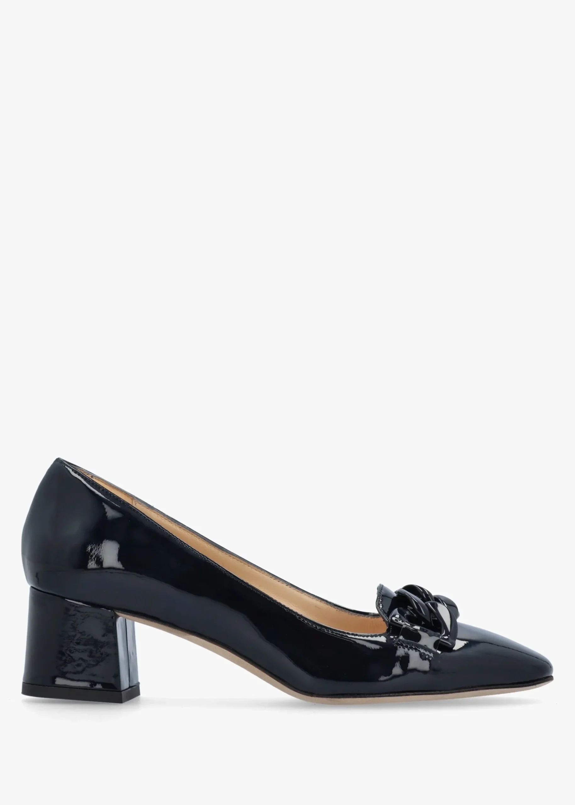 Navy Patent Leather Block Heel Court Shoes