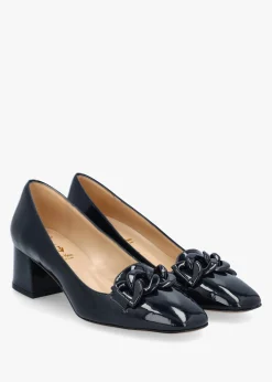 Navy Patent Leather Block Heel Court Shoes