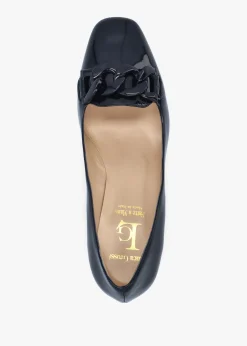 Navy Patent Leather Block Heel Court Shoes