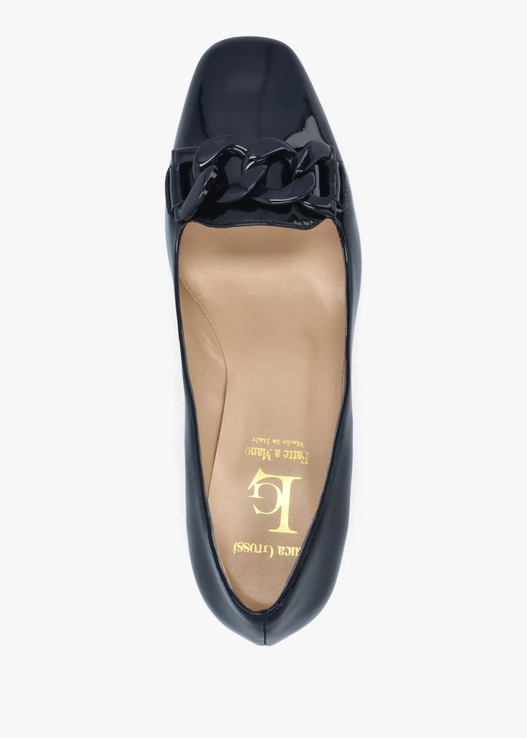 Navy Patent Leather Block Heel Court Shoes