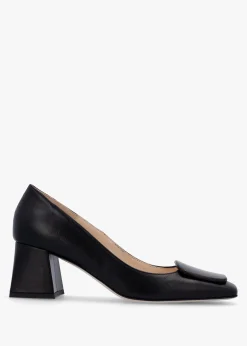 Nessie Black Leather Block Heel Court Shoes