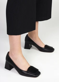Nessie Black Leather Block Heel Court Shoes