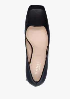 Nessie Black Leather Block Heel Court Shoes