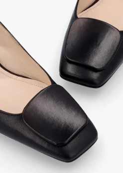 Nessie Black Leather Block Heel Court Shoes