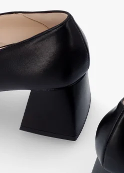 Nessie Black Leather Block Heel Court Shoes