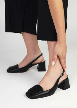 Nessie Black Patent Leather Block Heel Sling Backs