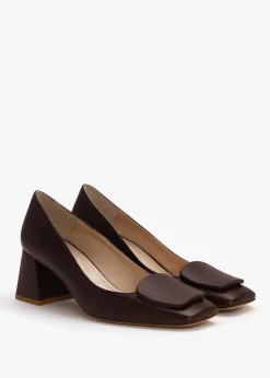 Nessie Brown Leather Block Heel Court Shoes